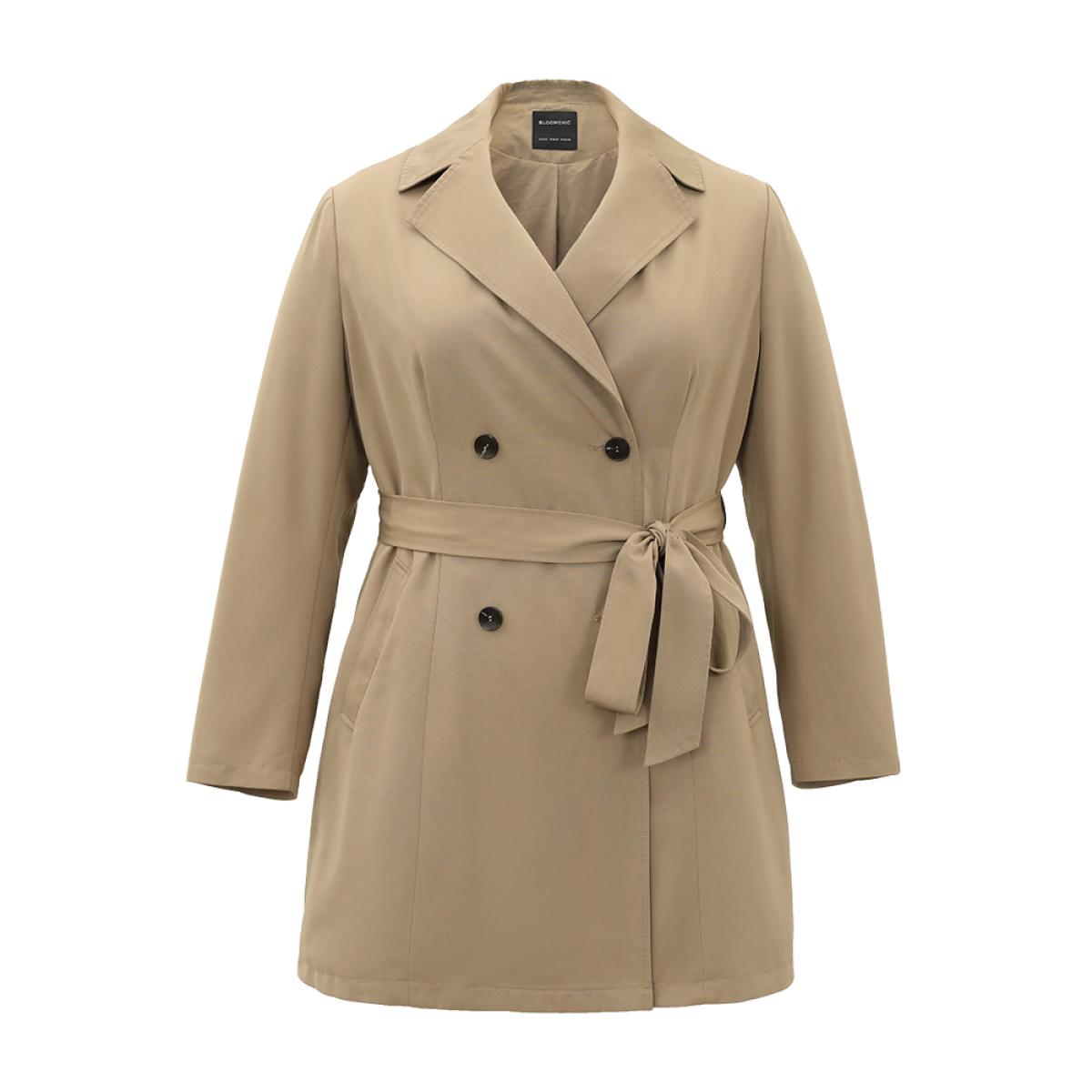 Plus Size Plain Double Breasted Belted Lapel Collar Coat Women LightBrown Casual Plain Ladies Dailywear Winter Coats BloomChic 28/5X Product Image