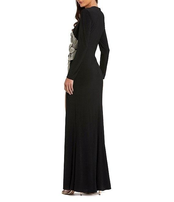 Mac Duggal Long Sleeve Embellished Flower Applique Jersey Gown Product Image