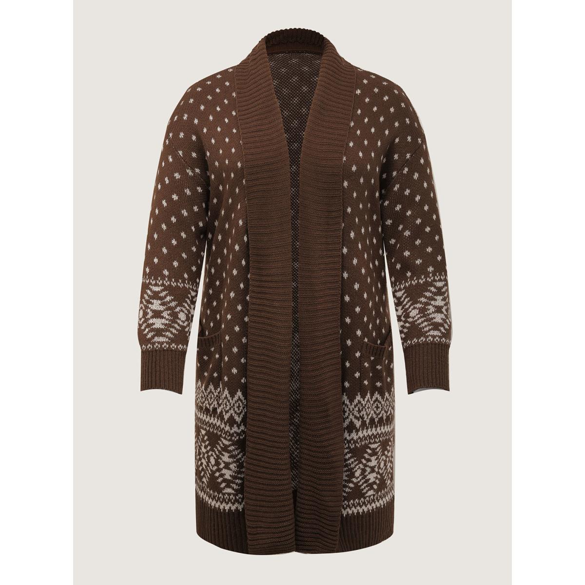 Plus Size Polka Dots Kimono Collar Knit Cardigan Browncoffeecolor Women Leisure Loose Long Sleeve Casual Cardigans BloomChic 14-16/1X Product Image