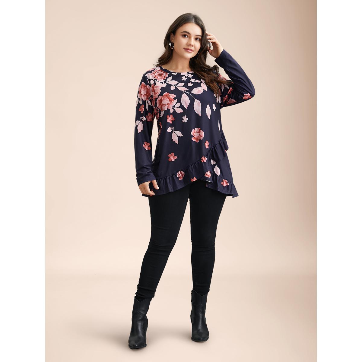 Plus Size Spring Flowers Ruffled Hem T-Shirt Indigo Women Casual Ruffles Natural Flowers Round Neck Everyday T-shirts BloomChic 28/5X Product Image