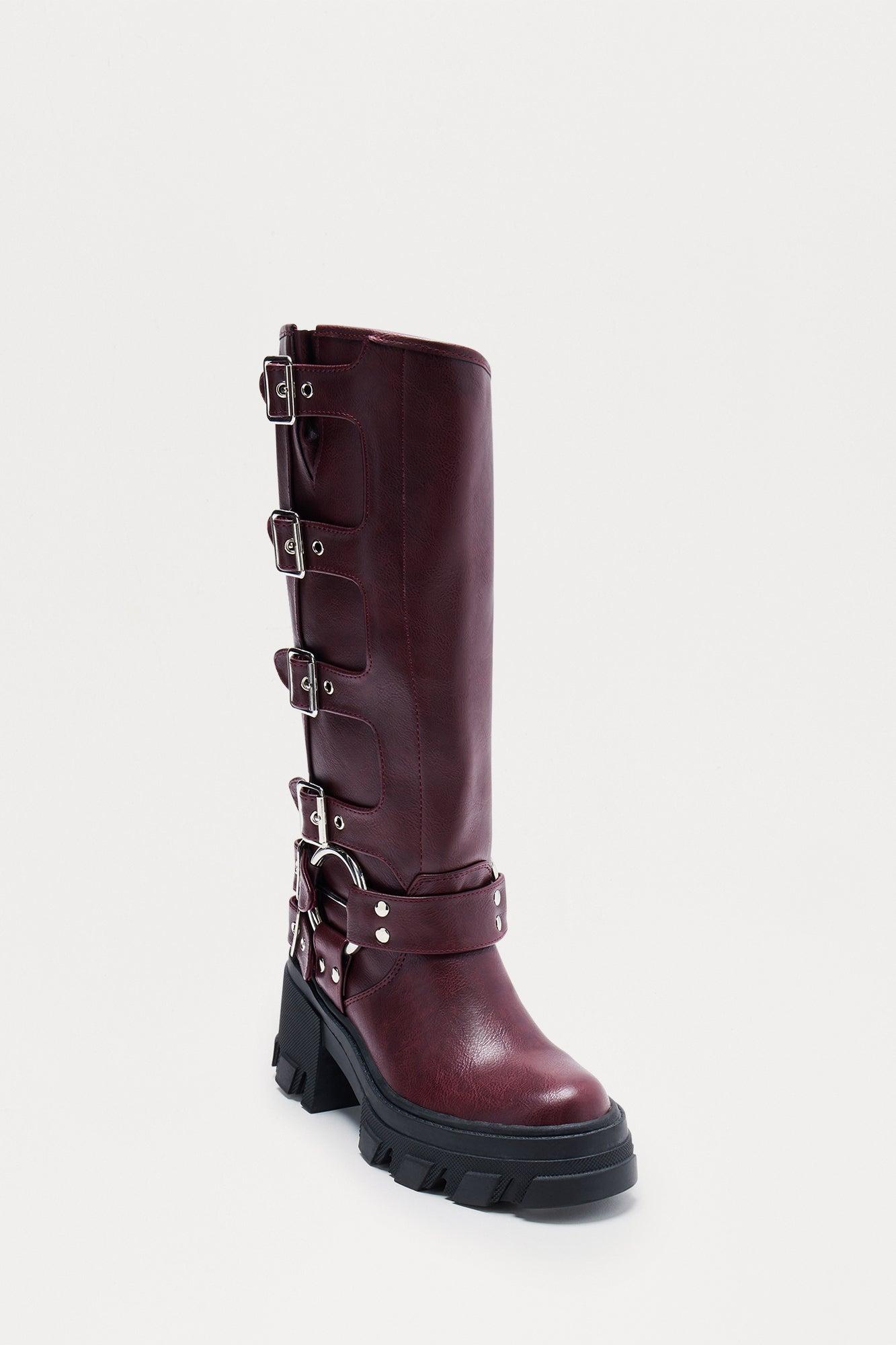 Buckle Up Butter Cup Knee High Boots - Burgundy Female Product Image