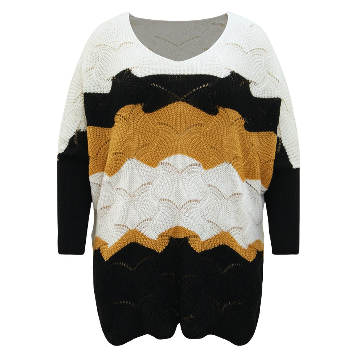 Plus Size Contrast Cut Out Batwing Sleeve Pullover Multicolor Women Casual Loose Long Sleeve V-neck Everyday Pullovers BloomChic 26/4X Product Image