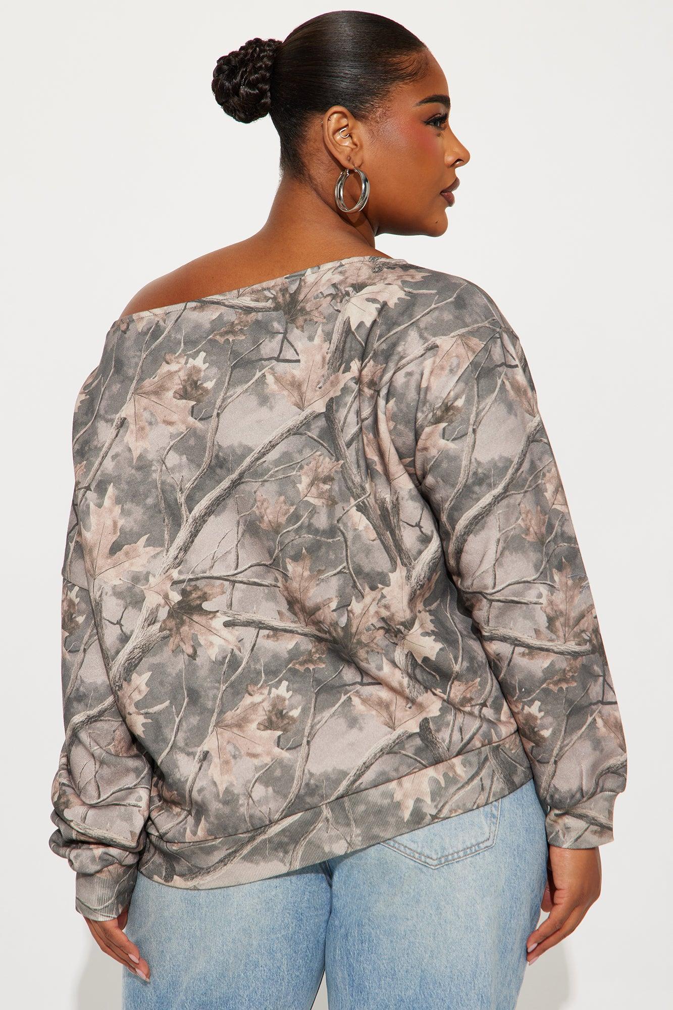 Brooklyn NY Camo Off Shoulder Sweatshirt - Olive/combo Female Product Image