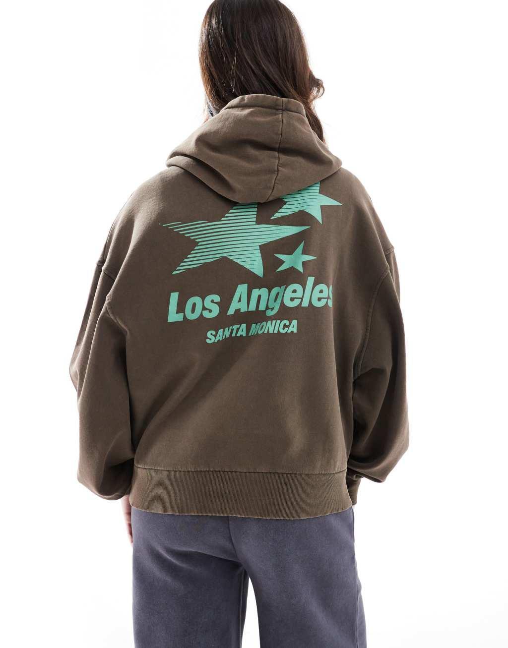 Pull&Bear Le Marais graphic oversized hoodie in brown Product Image