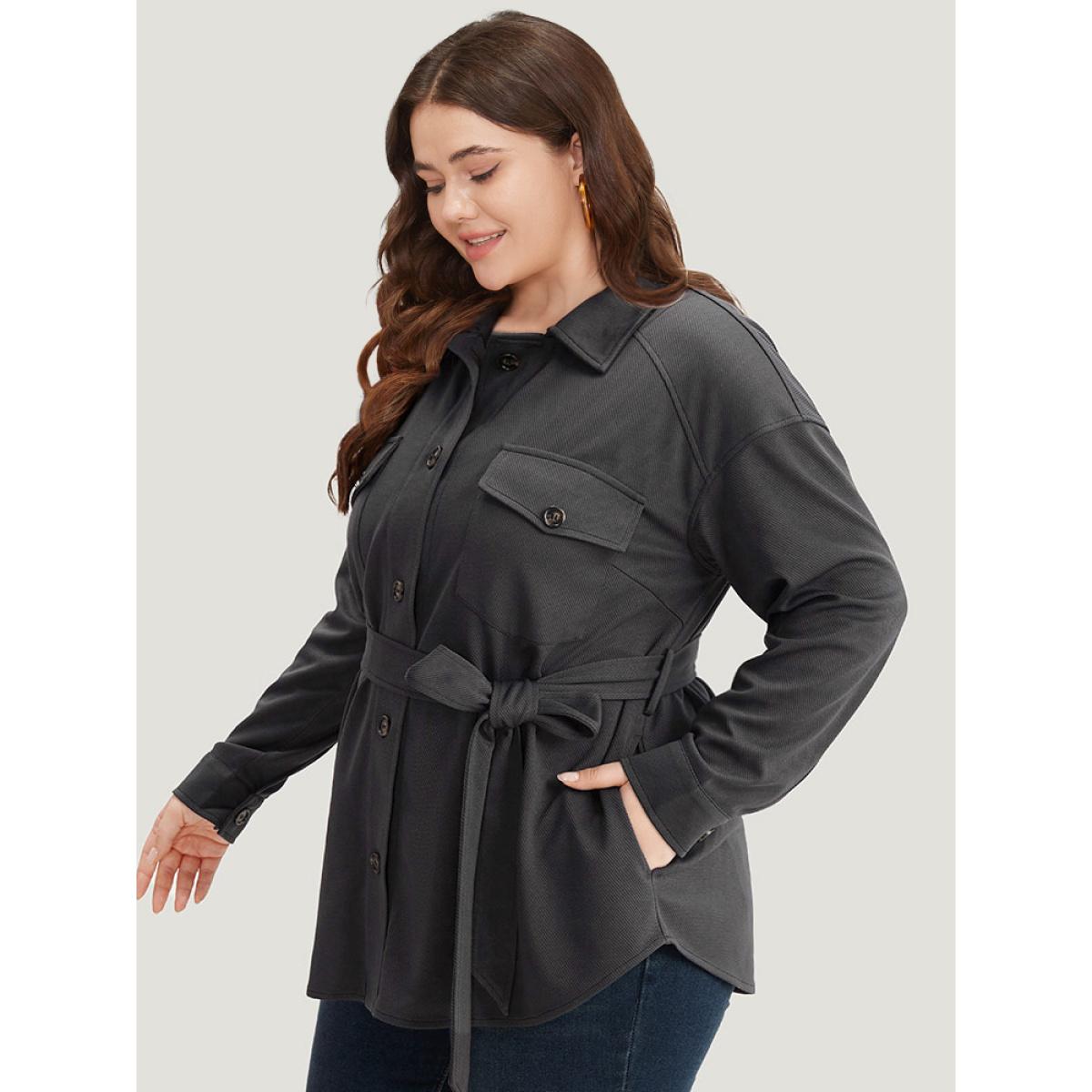 Plus Size Solid Pocket Button Through Belted Coat Women Gray Casual Plain Ladies Dailywear Winter Coats BloomChic 28/5X Product Image