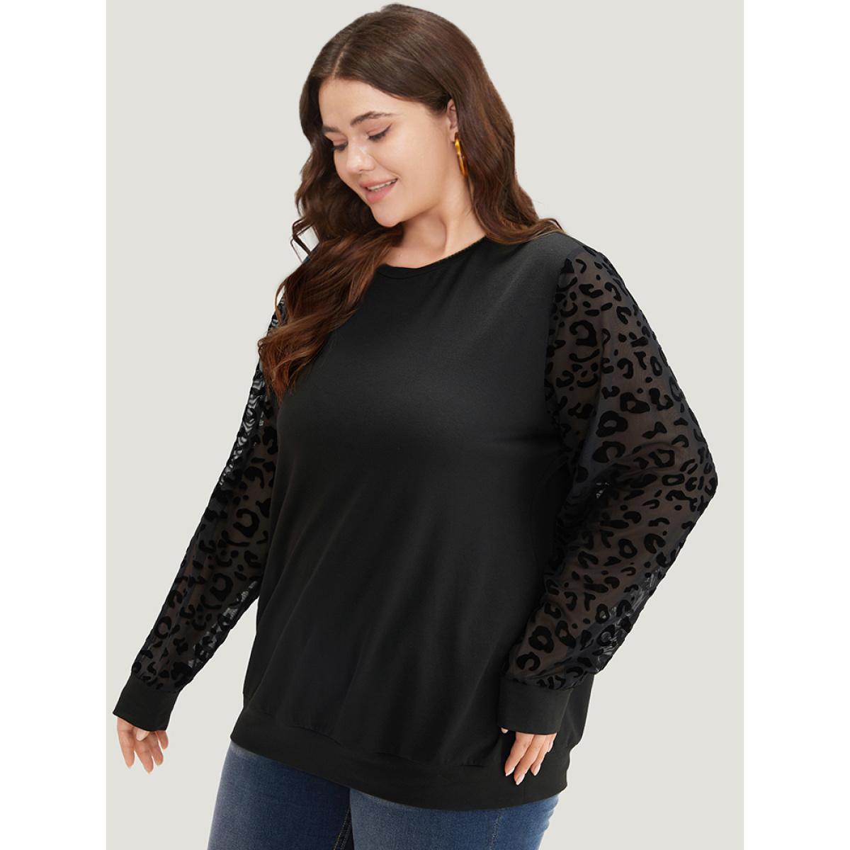 Plus Size Leopard Mesh Patchwork Round Neck Sweatshirt Women Black Elegant Elastic cuffs Round Neck Dailywear Sweatshirts BloomChic 12/L Product Image