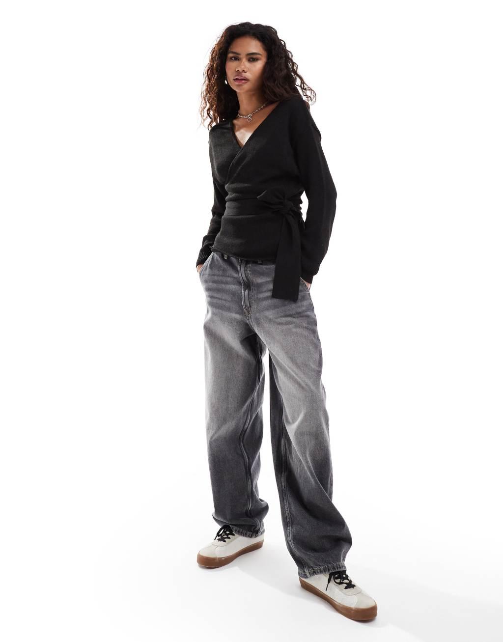 Glamorous wrap front sweater in black knit Product Image