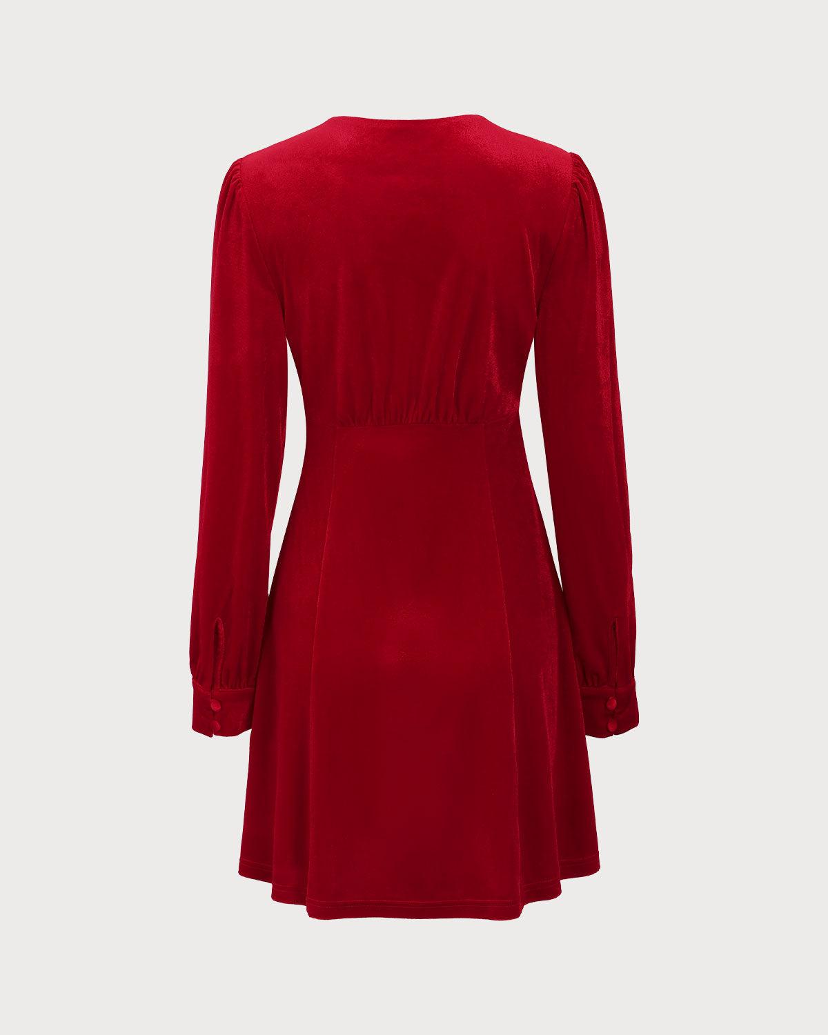 Red Velvet Puffed Sleeve A-Line Mini Dress Product Image