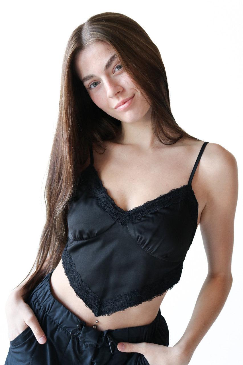 Black Silky Lace Tie Back Crop Top Product Image