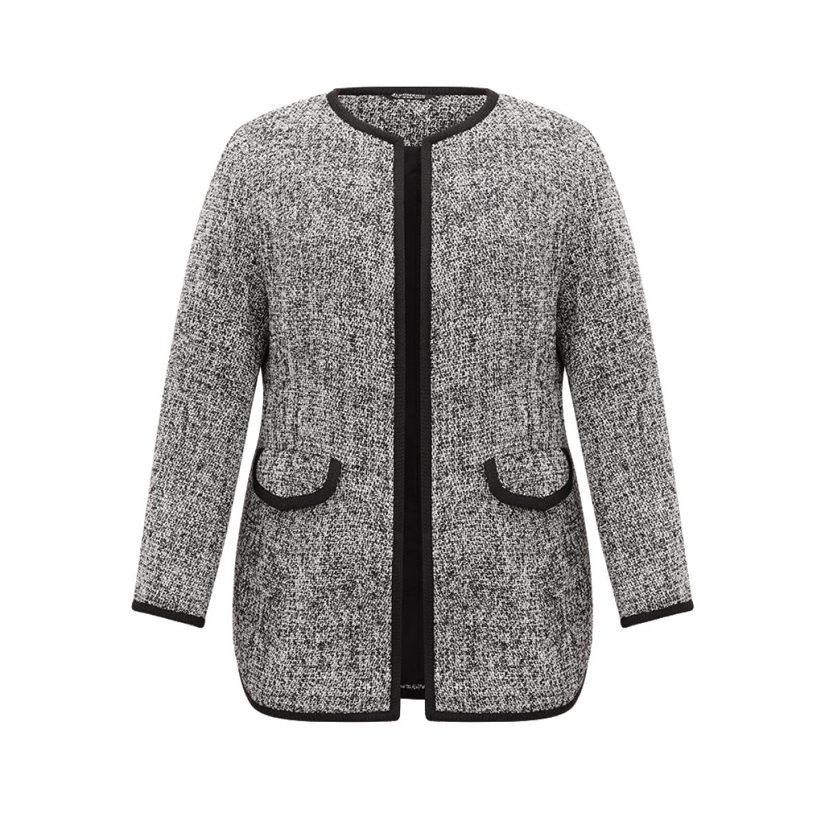 Plus Size Tweed Flap Pocket Open Front Contrast Trim Blazer Black Women Dailywear Plain Texture Sleeve Long Sleeve Open Front 12/L Pocket Casual Blazers BloomChic Product Image