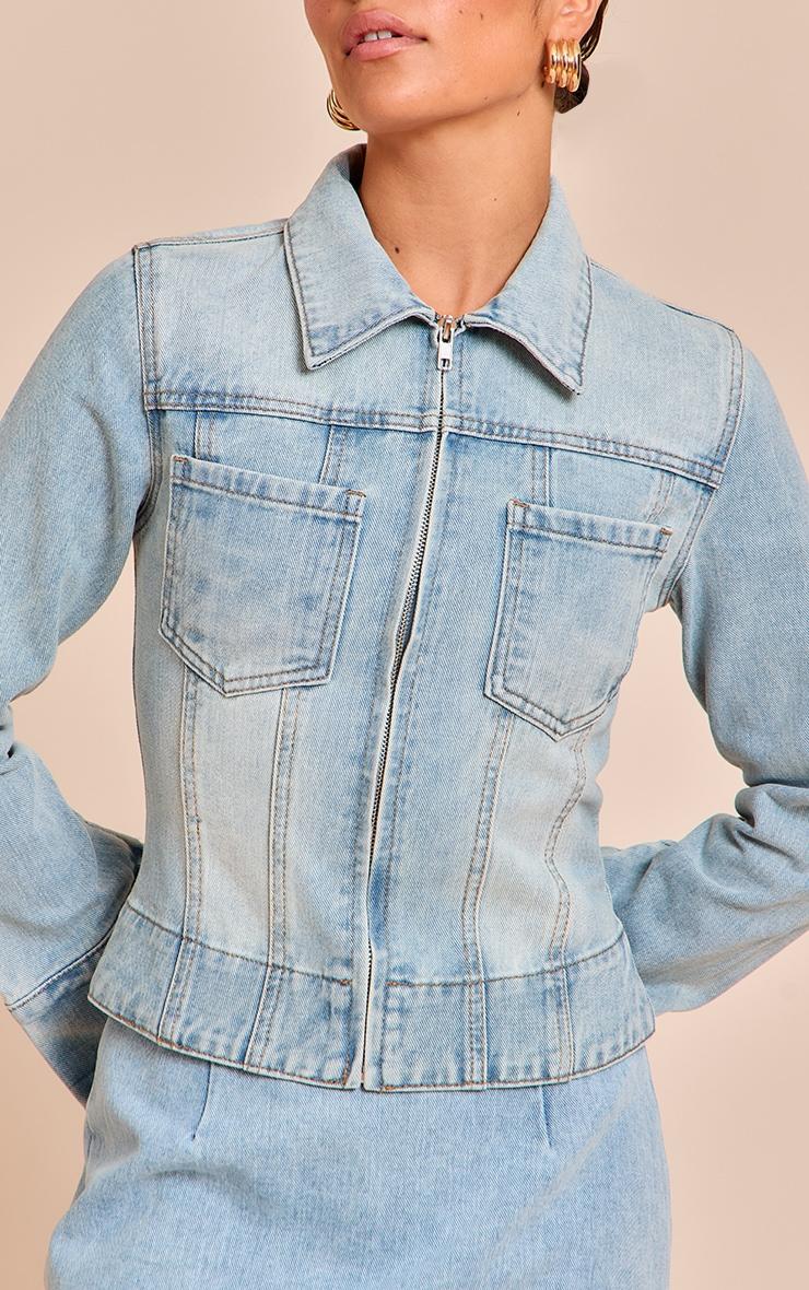 Petite Light Blue Denim Front Zip Fitted Jacket Product Image