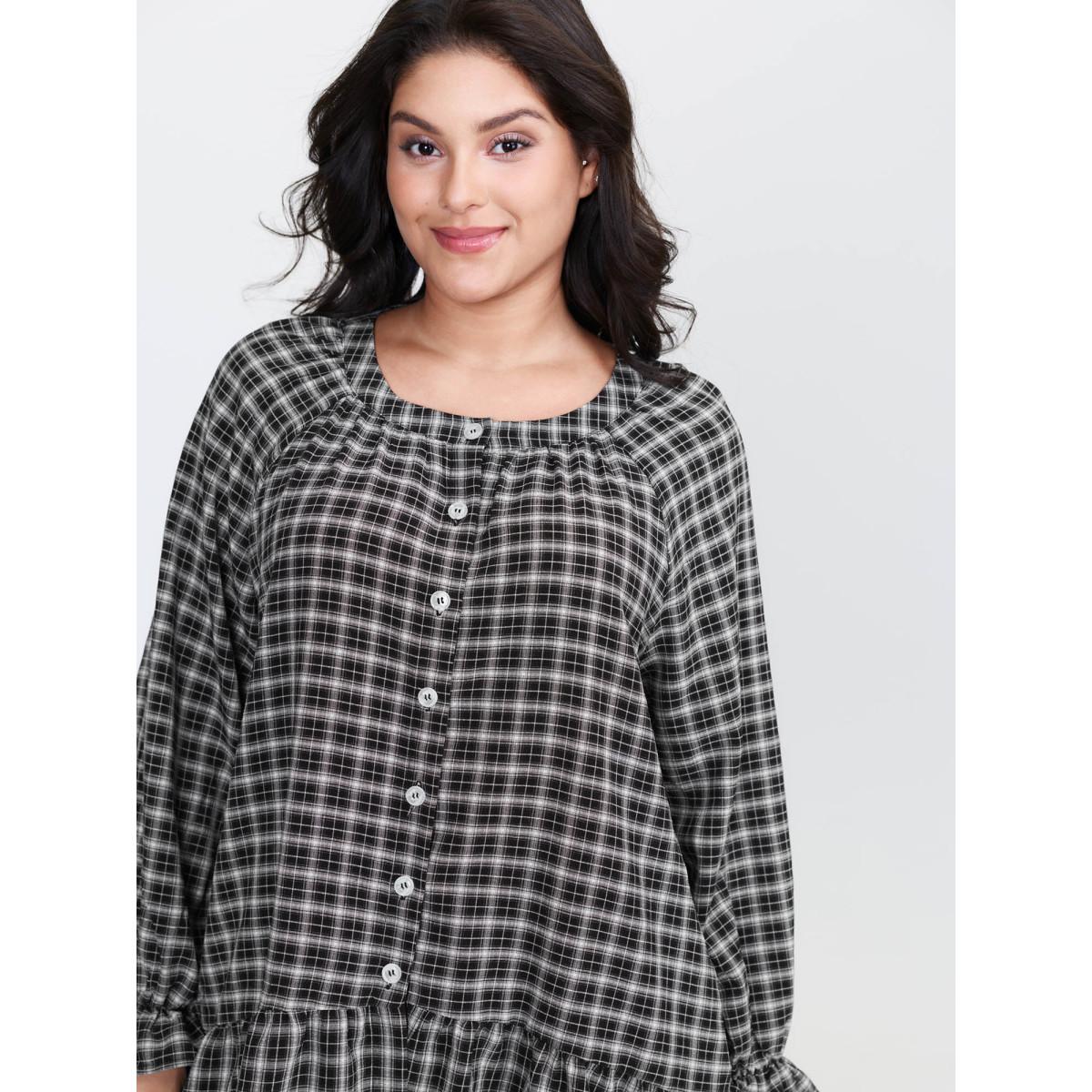 Plus Size Gingham Ruffled Hem Loungewear Set Women BlackFlower Button Extra Long Sleeve Round Neck Leisure Loungewear Sets BloomChic 22-24/3X Product Image