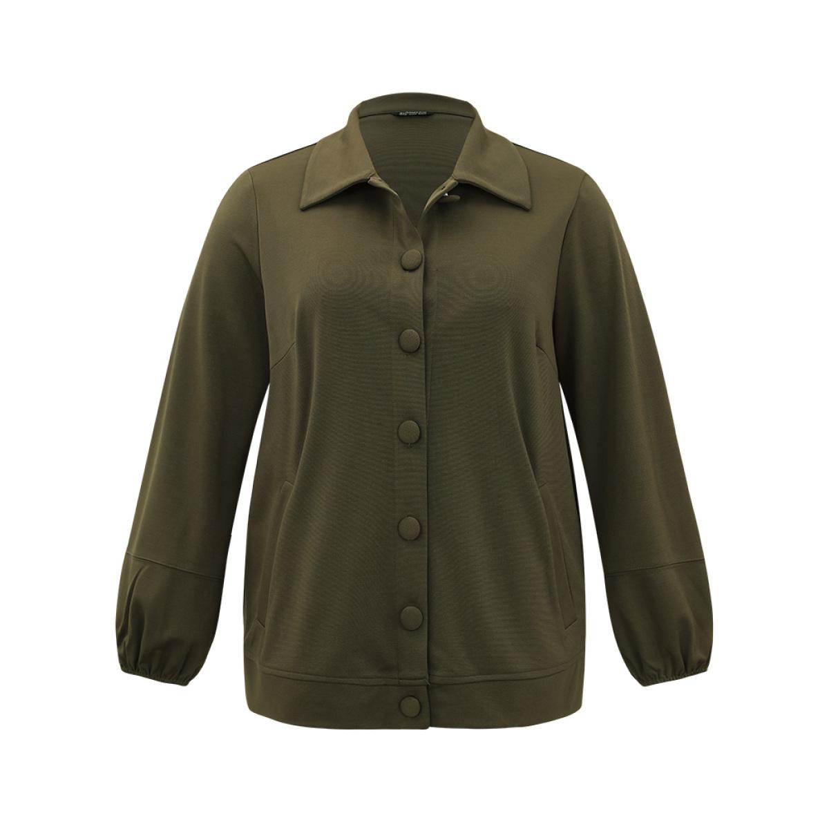 Plus Size Plain Slant Pocket Button Up Elastic Cuffs Jacket Women ArmyGreen Elastic cuffs Pocket Everyday Jackets BloomChic 30/6X Product Image
