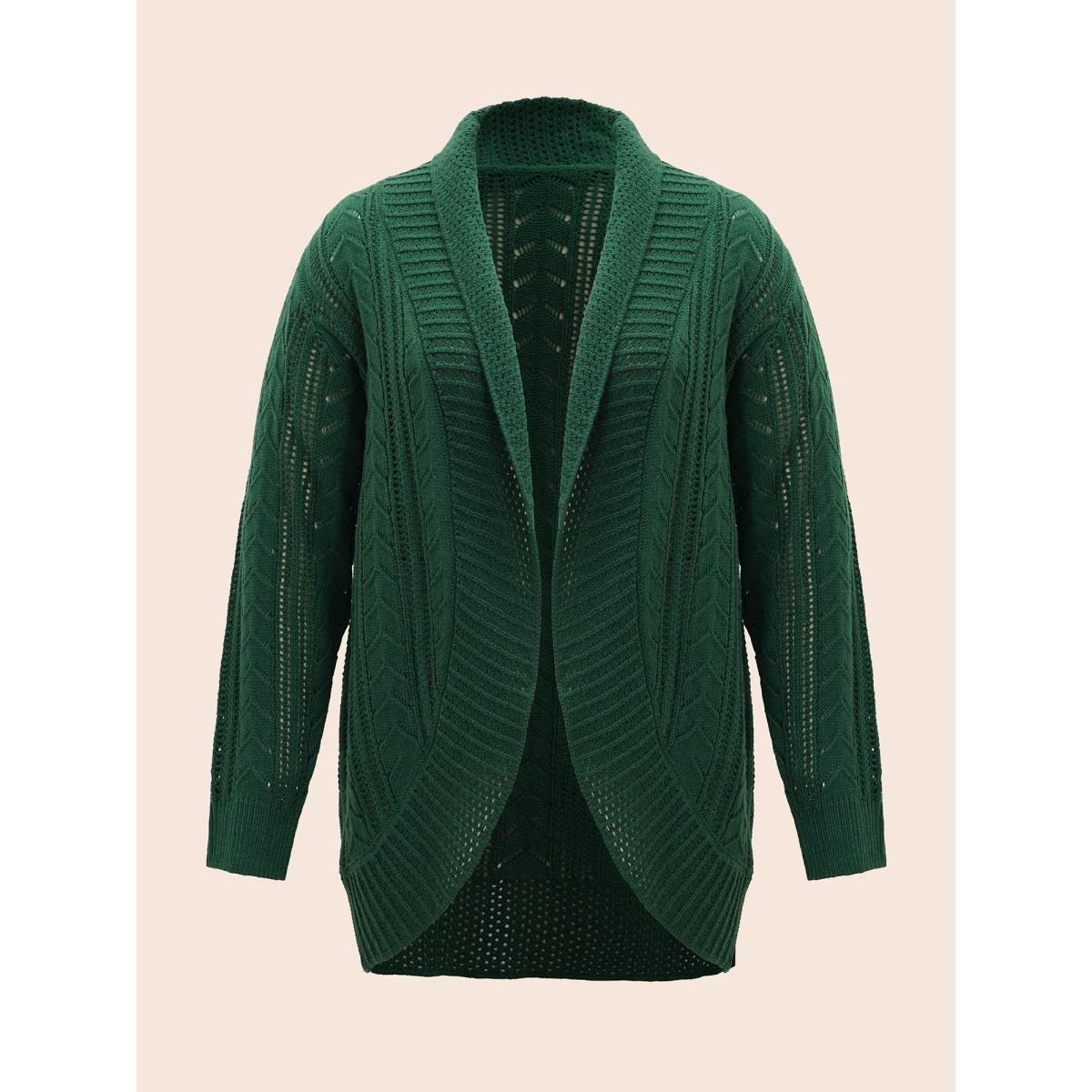 Plus Size Kimono Collar Cable Knit Arc Hem Cardigan DarkGreen Women Casual Loose Long Sleeve Everyday Cardigans BloomChic 28/5X Product Image