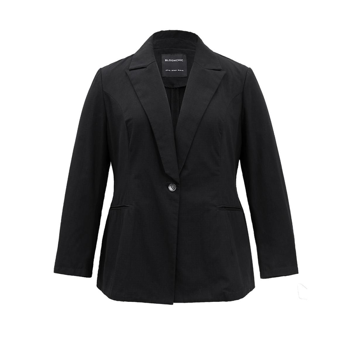 Plus Size Plain Gathered Suit Collar Button Fly Blazer Black Women Dailywear Plain Plain Sleeve Long Sleeve Suit Collar 14-16/1X Casual Blazers BloomChic Product Image