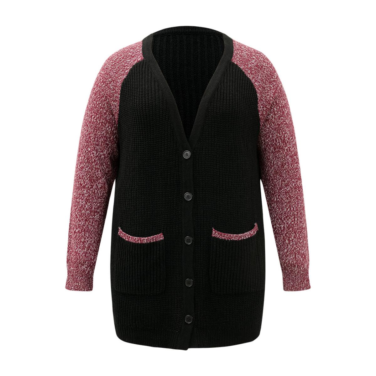 Plus Size Heather Patchwork Raglan Sleeve Pocket Cardigan Black Women Casual Loose Long Sleeve Dailywear Cardigans BloomChic 18-20/2X Product Image