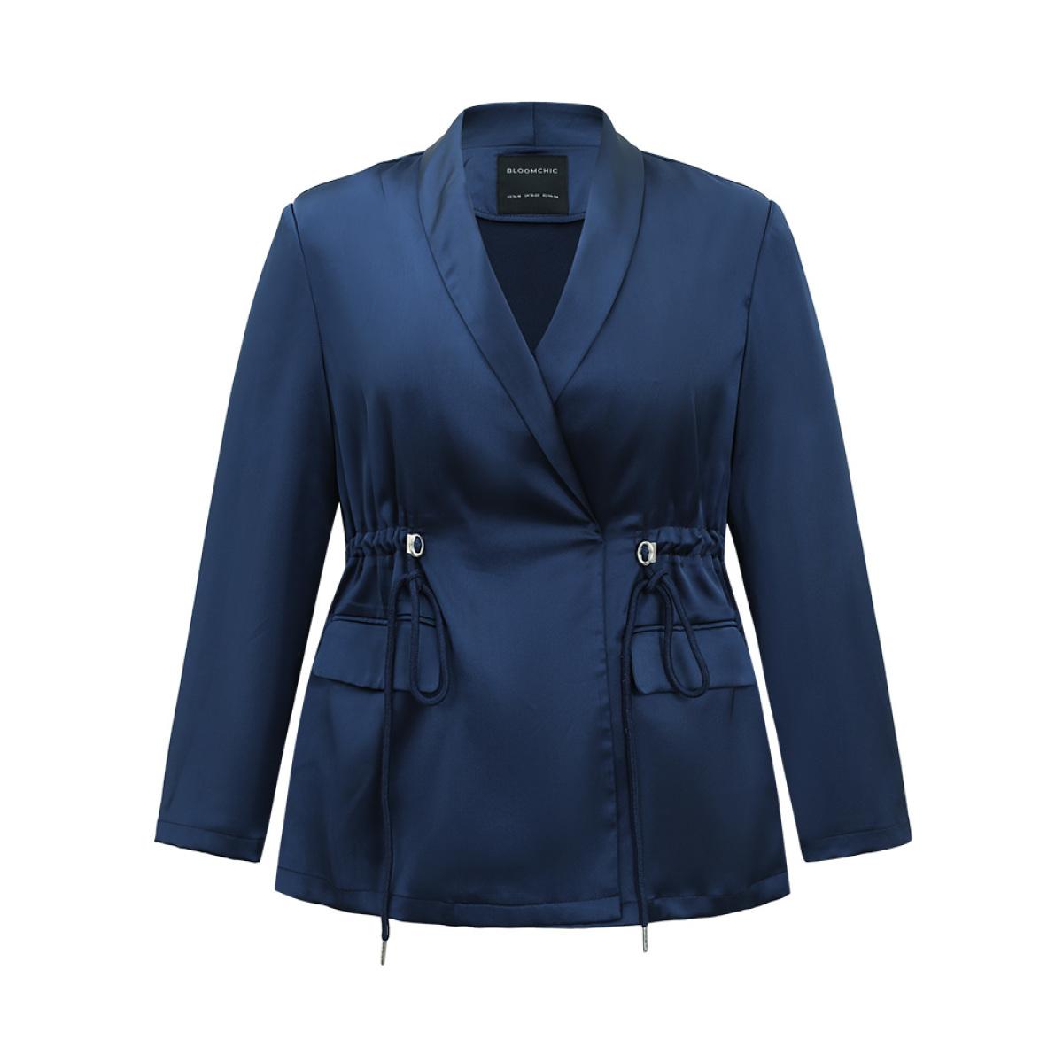 Plus Size Suit Collar Flap Pocket Drawstring Ties Blazer DarkBlue Women Office Plain Plain Sleeve Long Sleeve Suit Collar 22-24/3X Pocket Work From Home Blazers BloomChic Product Image