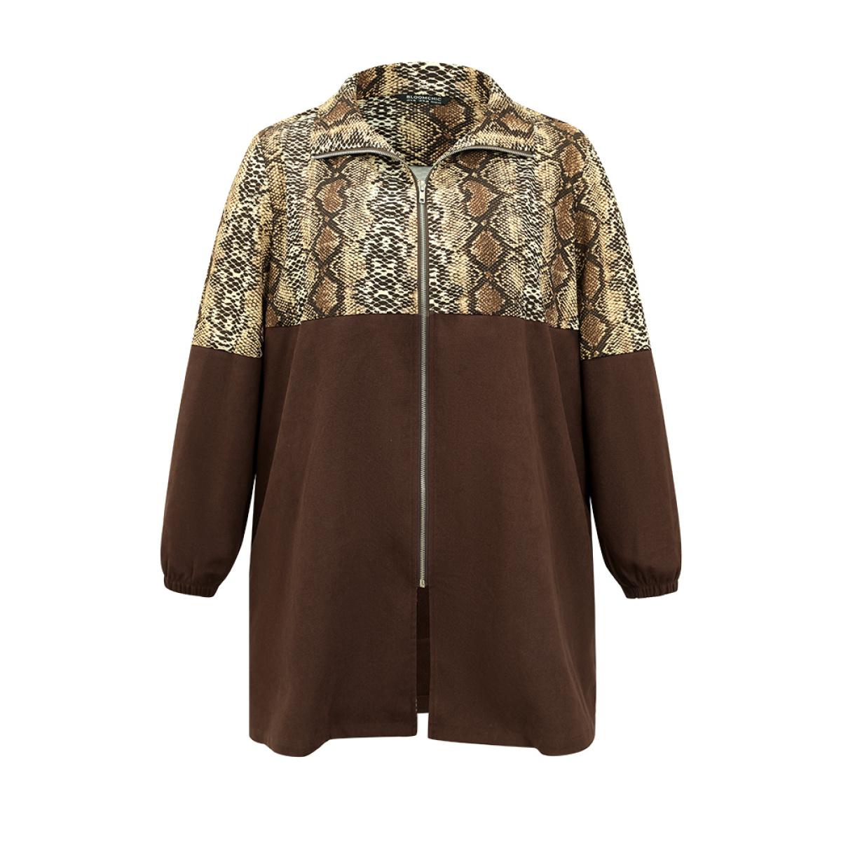 Plus Size Snakeskin Print Patchwork Contrast Zipper Windbreaker Women DarkBrown Casual Contrast Ladies Dailywear Winter Coats BloomChic 26/4X Product Image