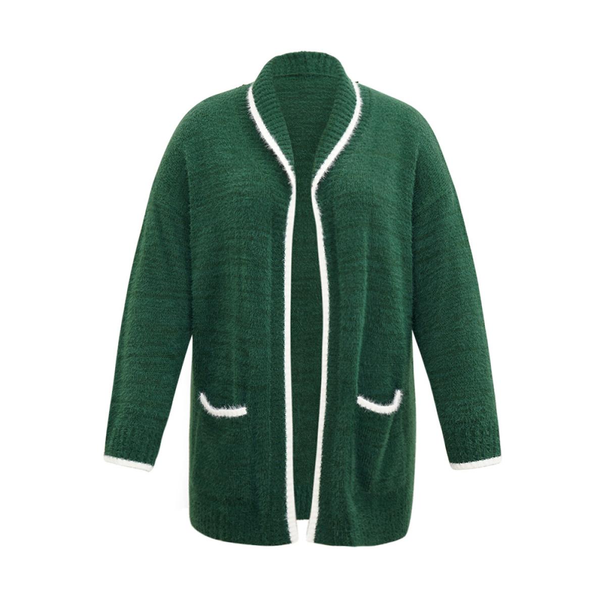Plus Size Contrast Trim Fuzzy Patched Pocket Cardigan DarkGreen Women Casual Loose Long Sleeve Festival-Christmas Cardigans BloomChic 28/5X Product Image