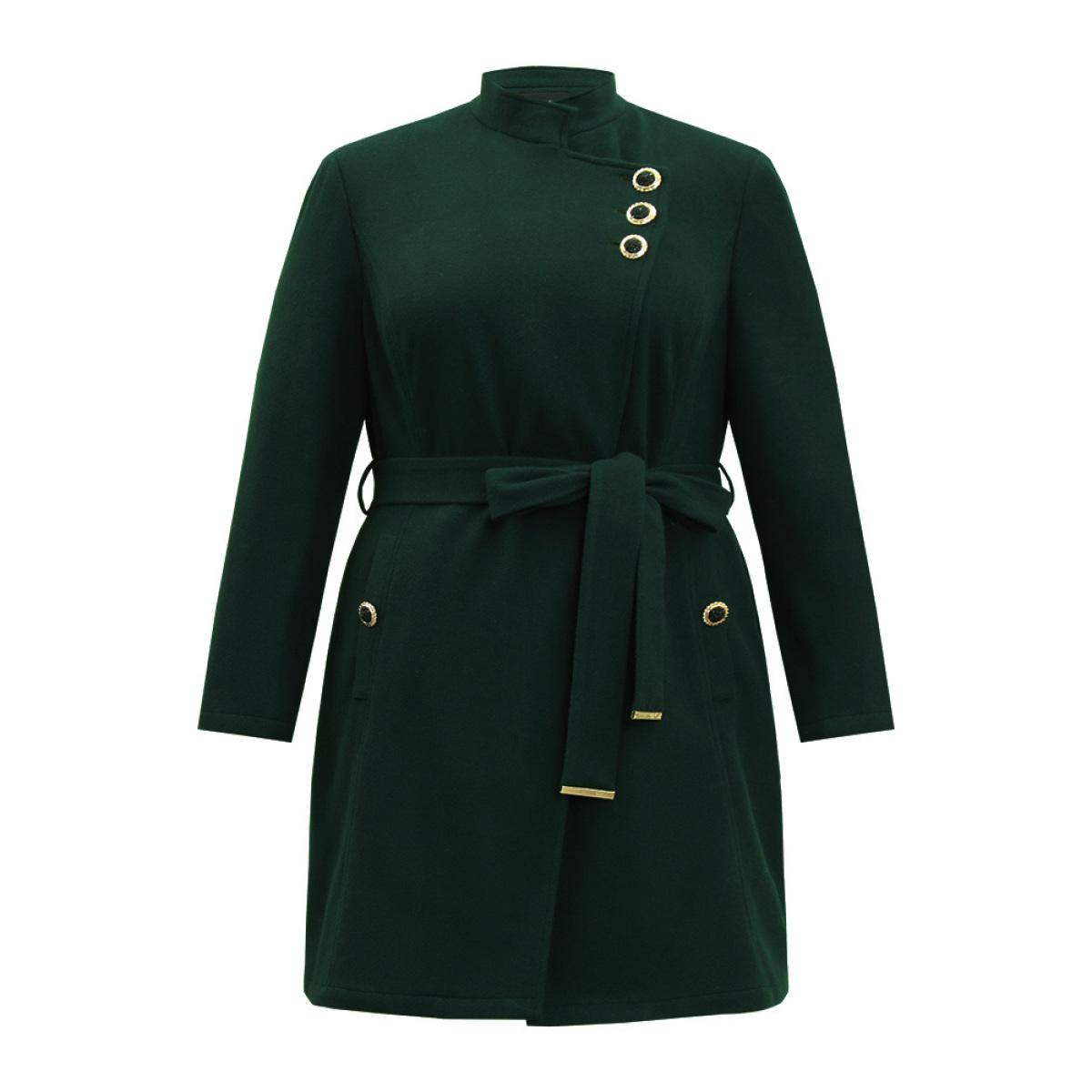 Plus Size Solid Metal Detail Belted Pocket Coat Women DarkGreen Elegant Plain Ladies Everyday Winter Coats BloomChic 28/5X Product Image