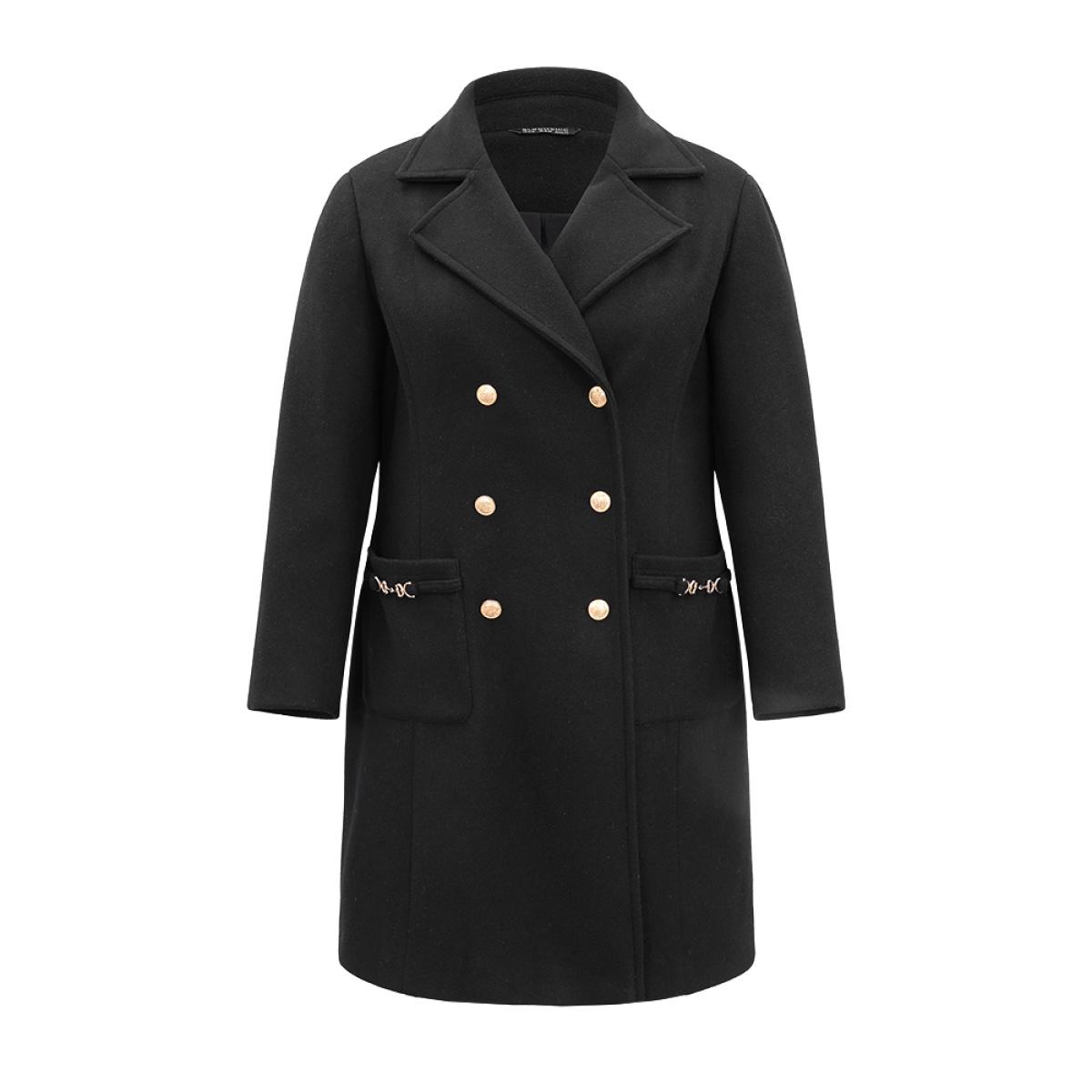 Plus Size Lapel Collar Pocket Chain Buckle Detail Coat Women Black Casual Lined Ladies Dailywear Winter Coats BloomChic 30/6X Product Image