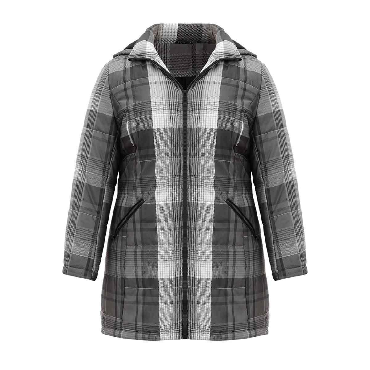 Plus Size Plaid Contrast Zipper Hooded Coat Women DimGray Casual Lined Ladies Dailywear Winter Coats BloomChic 18-20/2X Product Image