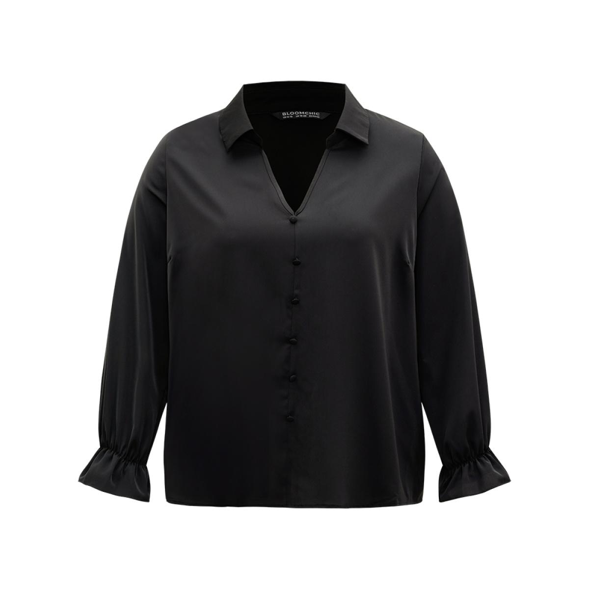 Plus Size Black Static-Free Solid Button Detail Frill Trim Blouse Women Office Long Sleeve Shirt collar Office Blouses BloomChic 10/M Product Image
