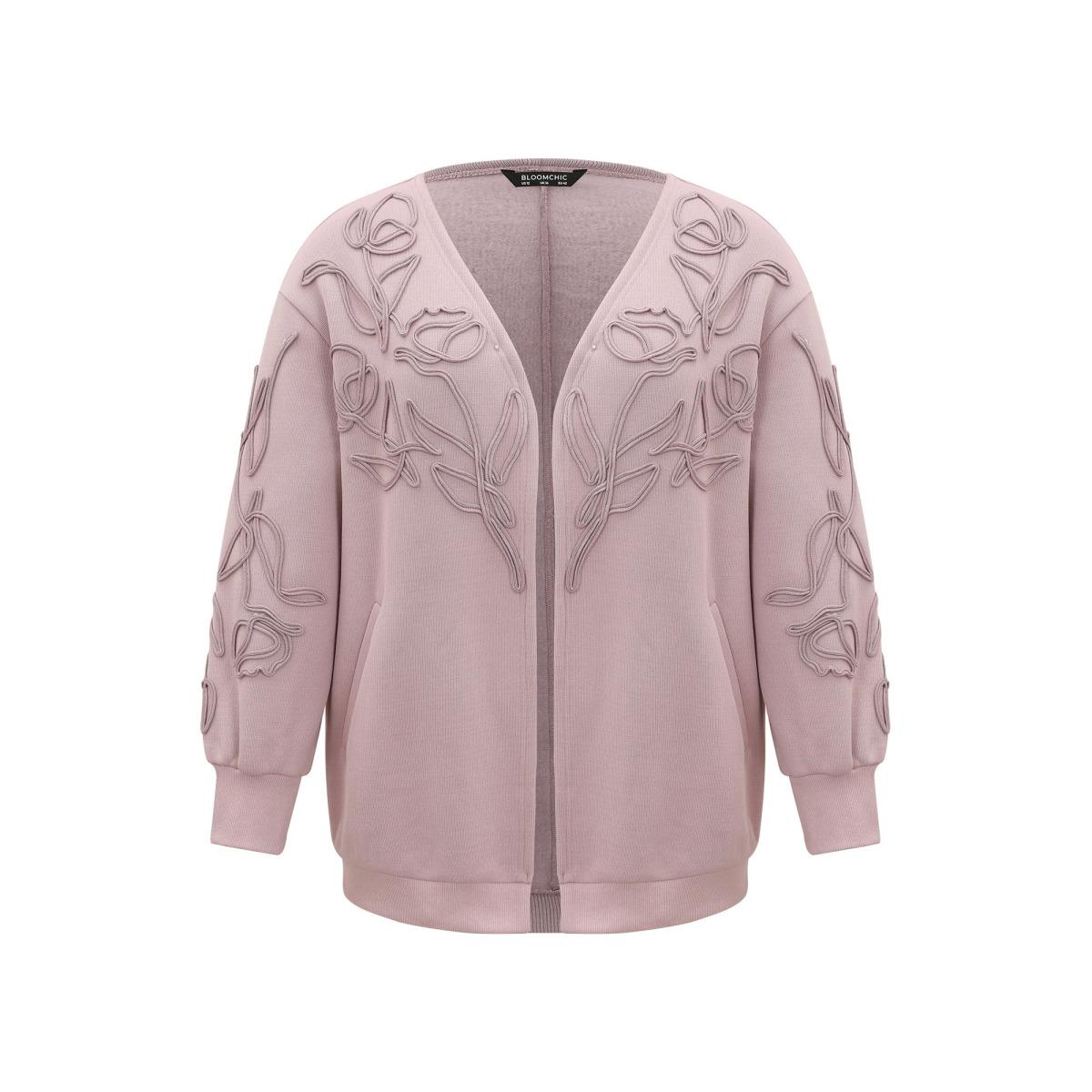 Plus Size Stereo Flower Design Rib Knit Jacket Women Rouge Texture Pocket Everyday Jackets BloomChic 18-20/2X Product Image