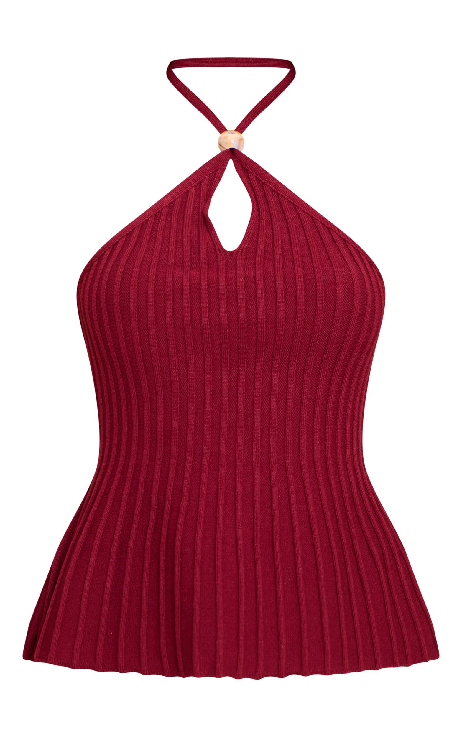Wine Halterneck Bead Detail Knit Top Product Image