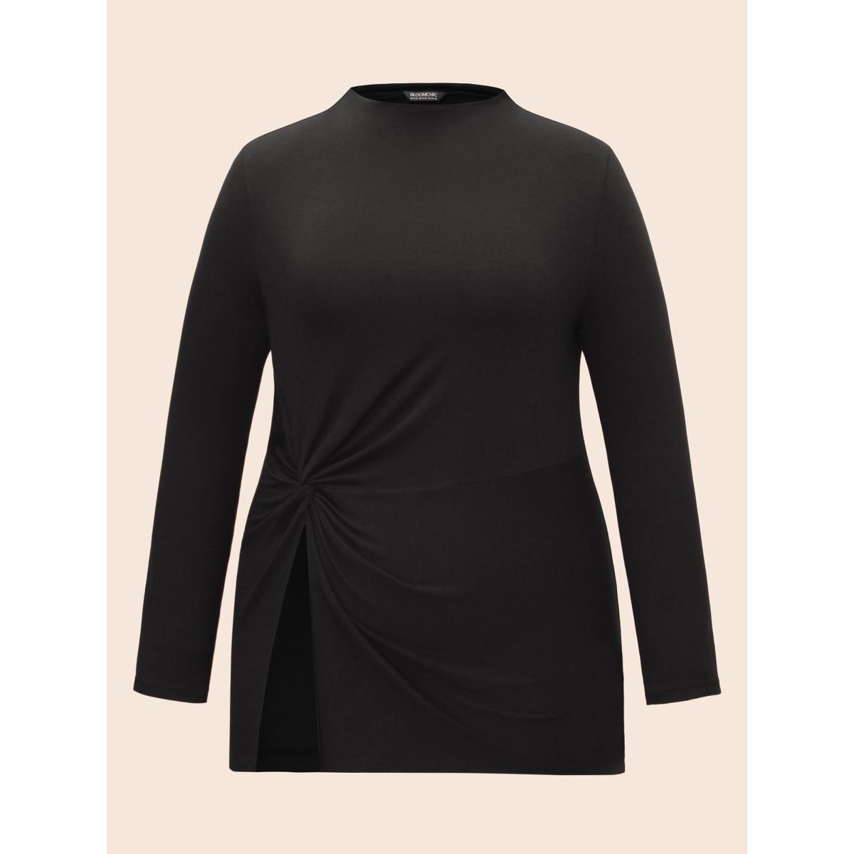 Plus Size Supersoft Essentials Twist Front Split Hem T-shirt Black Women Casual Tie knot Mock Neck Skinny Everyday T-shirts BloomChic 28/5X Product Image