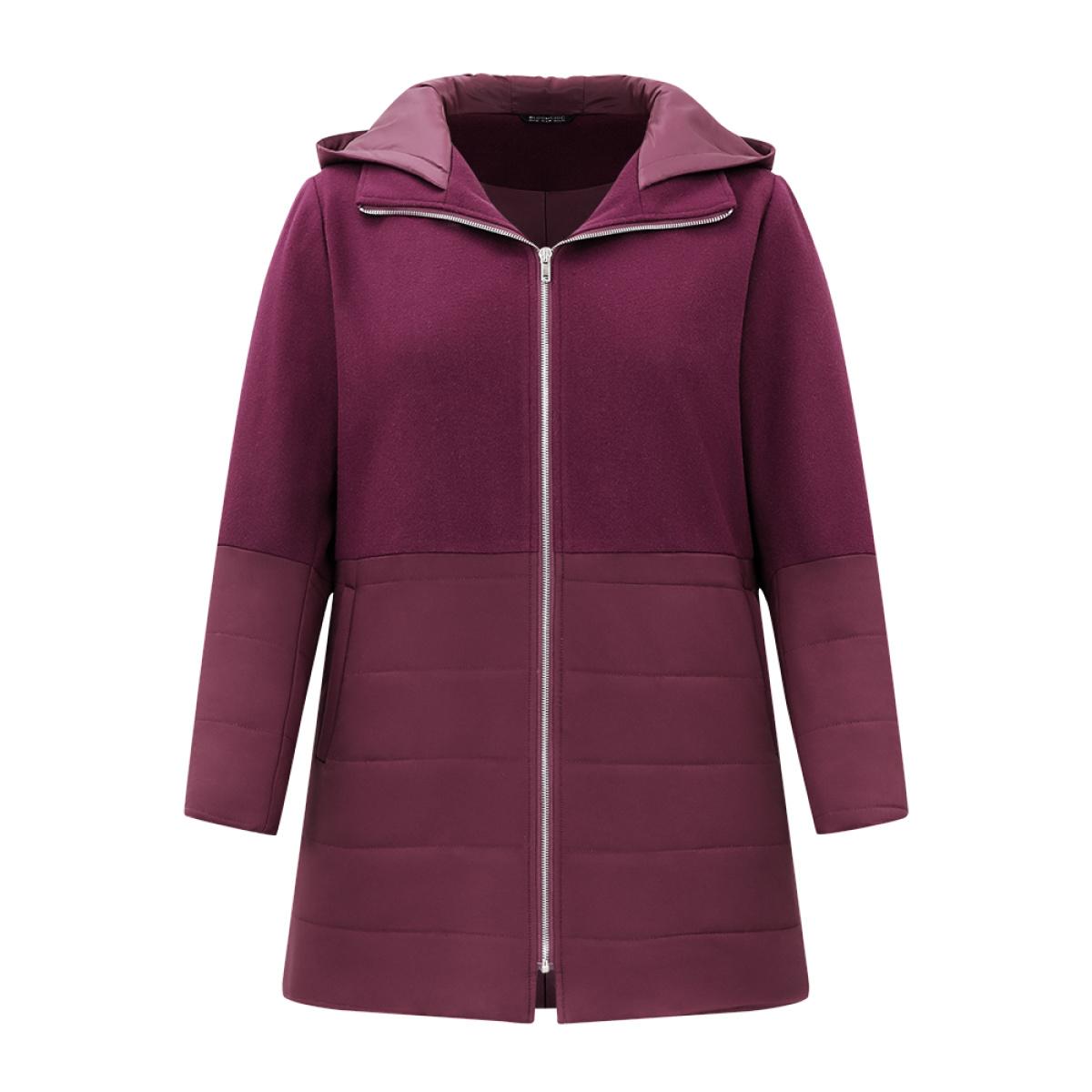 Plus Size Plain Patchwork Zipper Padded Hooded Coat Women Burgundy Casual Lined Ladies Dailywear Winter Coats BloomChic 30/6X Product Image