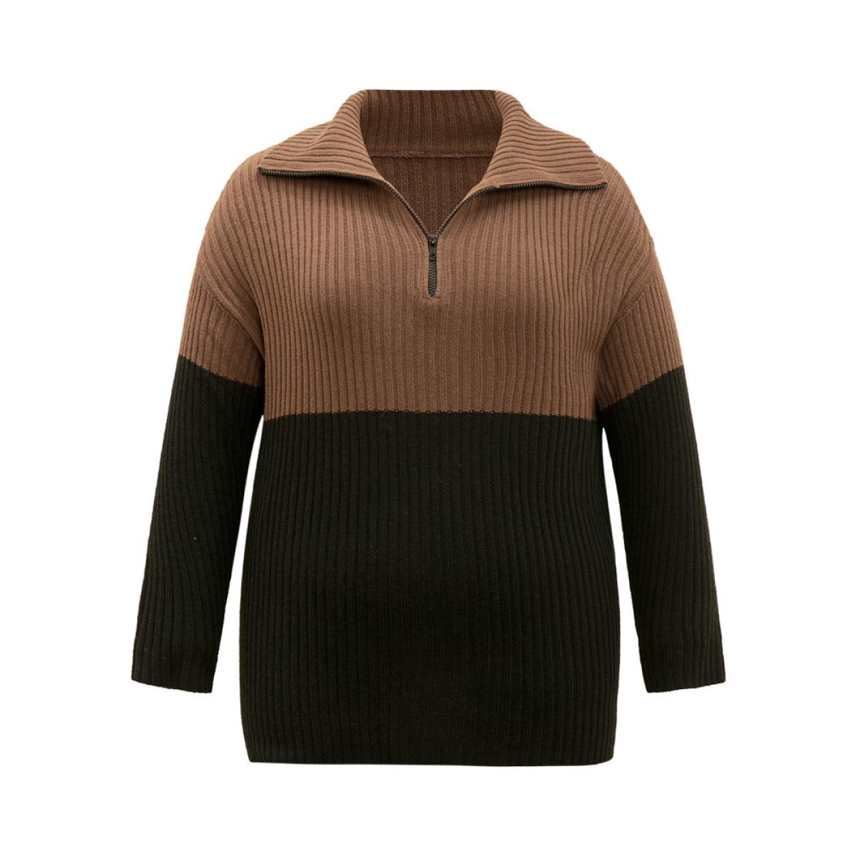 Plus Size Colorblock Contrast Half Zip Lapel Collar Pullover Black Women Casual Loose Long Sleeve Lapel Collar Dailywear Pullovers BloomChic 22-24/3X Product Image