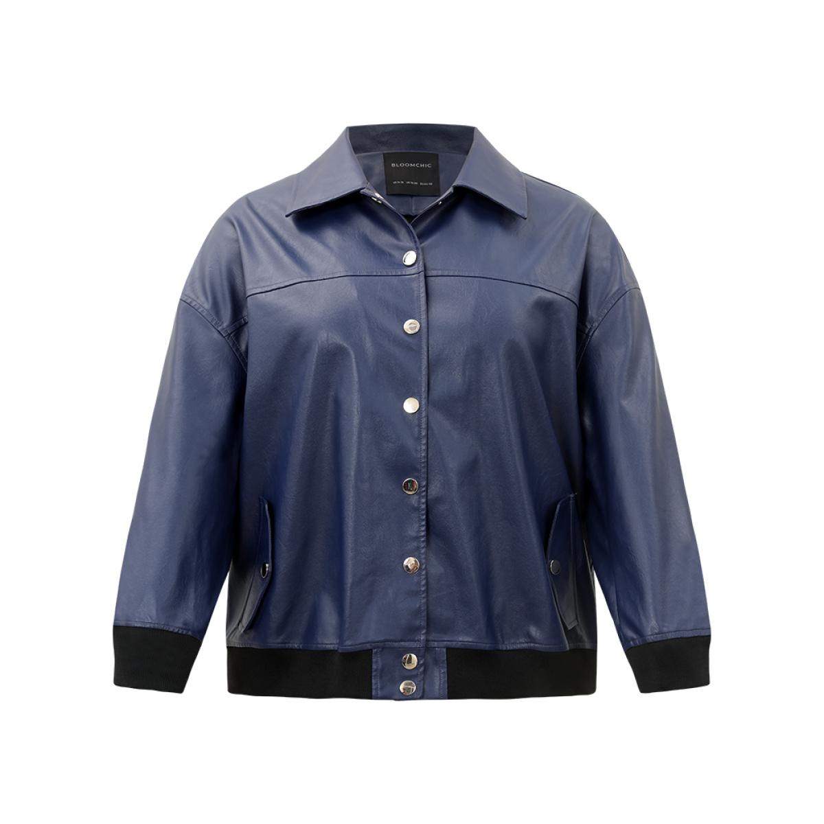 Plus Size PU Patchwork Pocket Button Through Jacket Women Indigo Elastic cuffs Dailywear Jackets BloomChic 14-16/1X Product Image