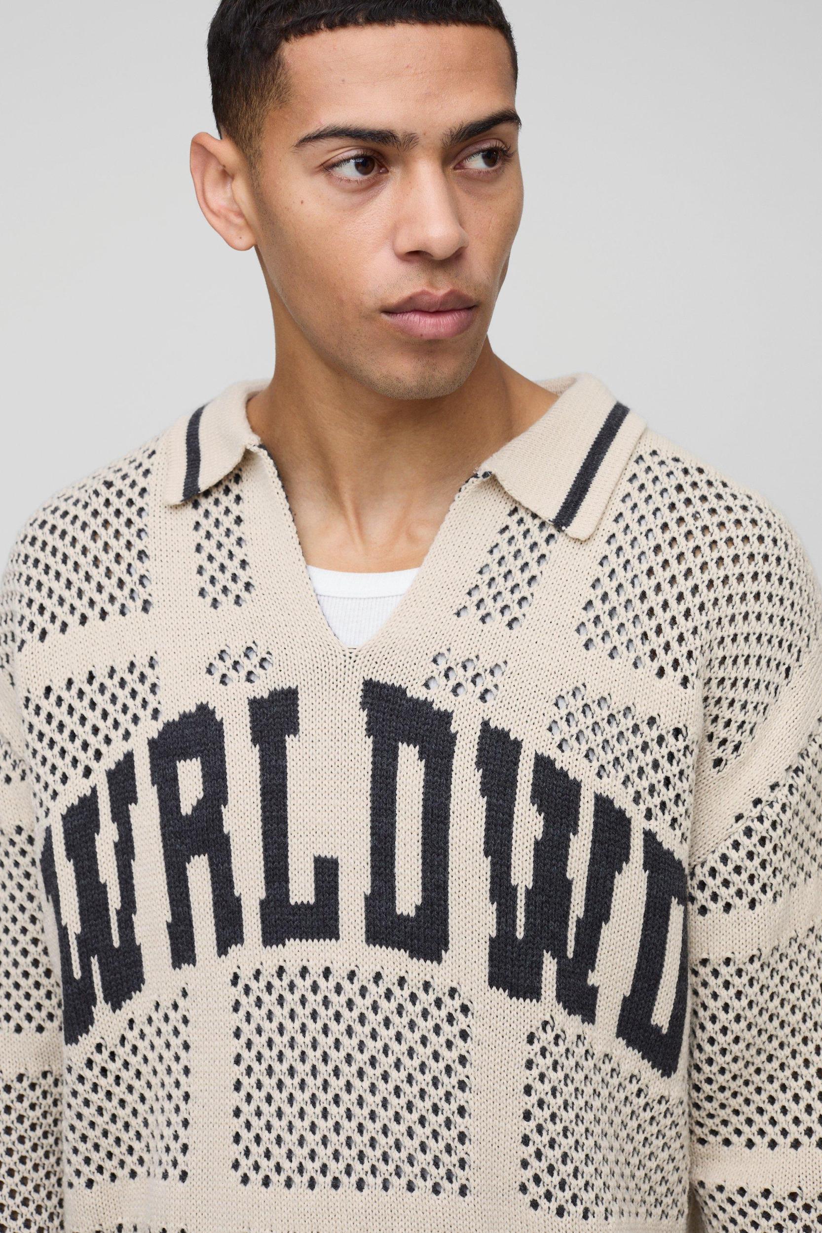 Oversized Crochet Look Rugby Knitted Polo | boohooMAN USA Product Image