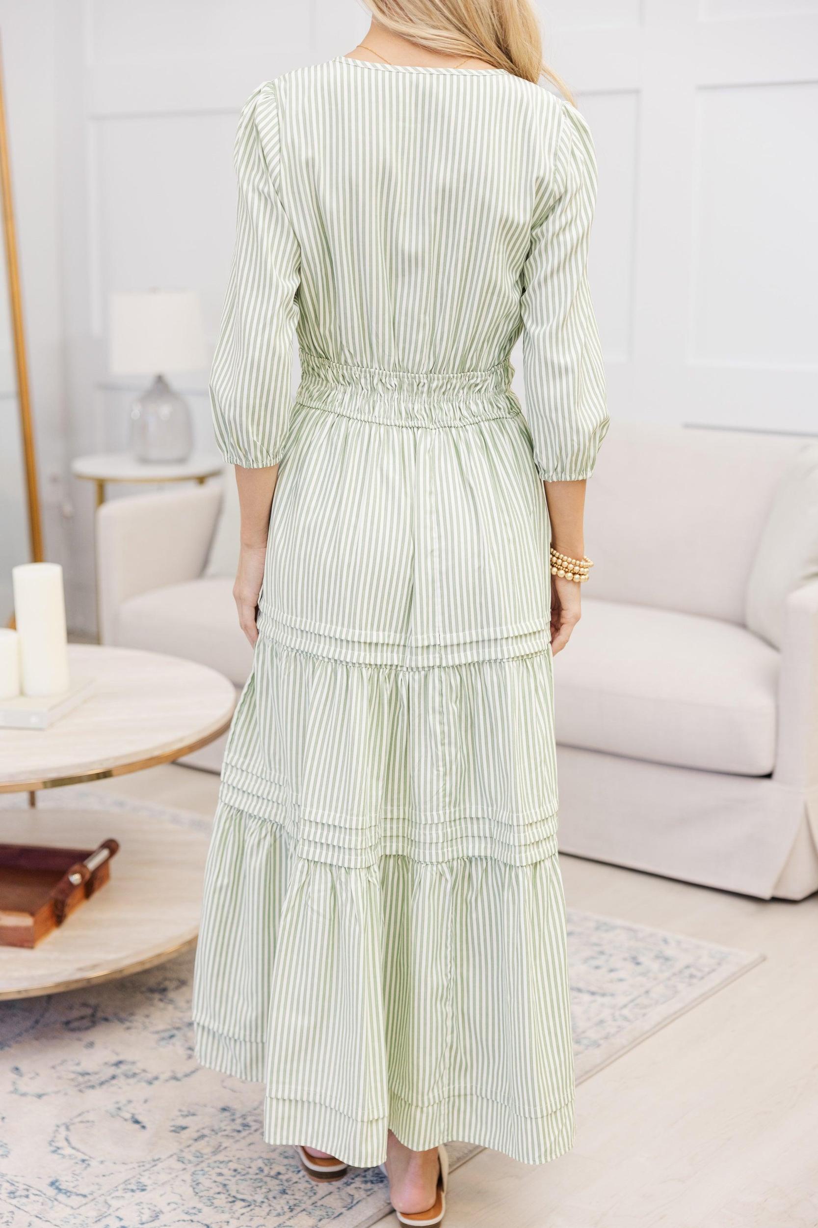 NURSING COLLECTION: It's In The Air Olive Green Striped Tiered Midi Dress Female Product Image