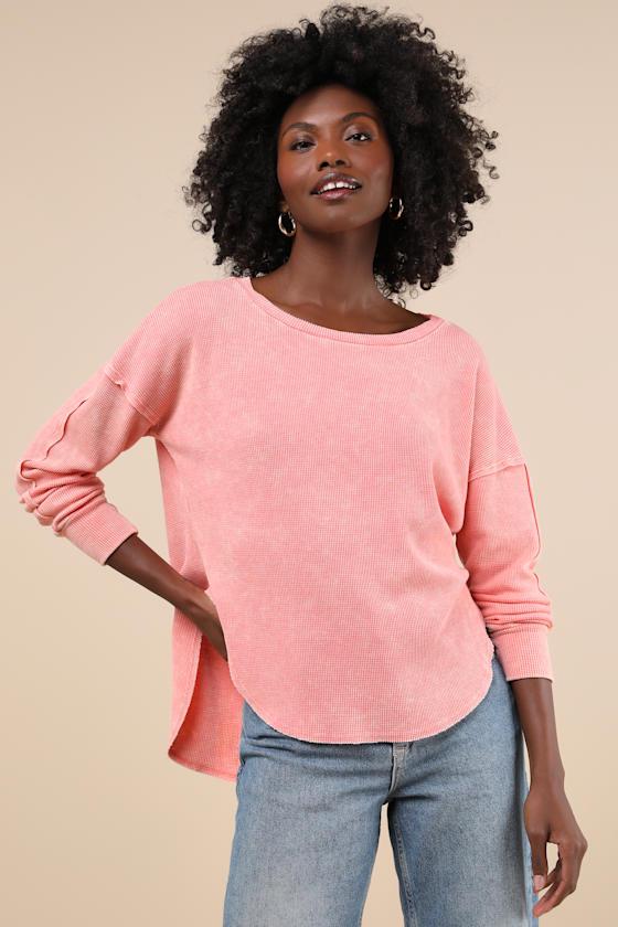 Edgy Flirtation Washed Pink Waffle Knit Long Sleeve Top Product Image