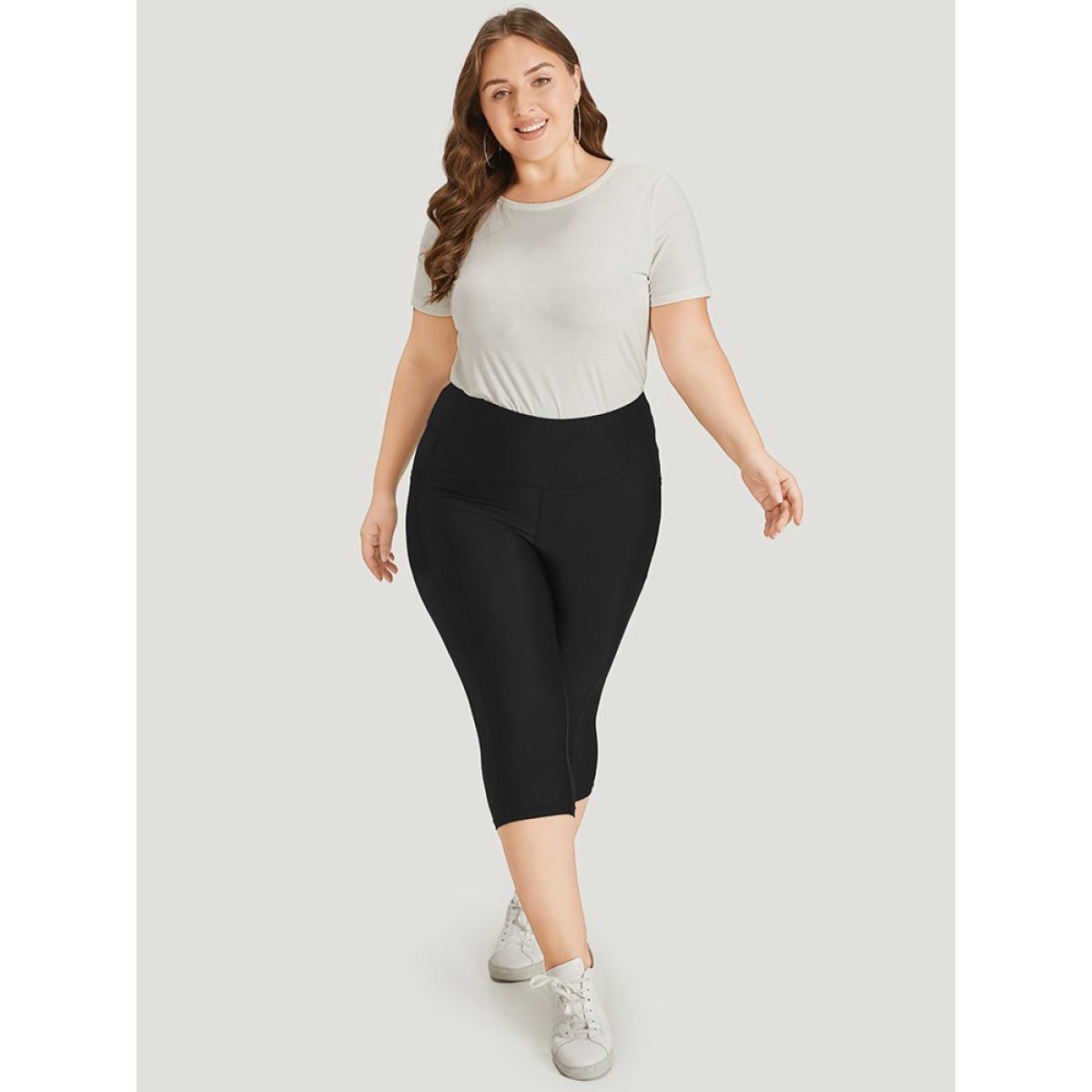 Plus Size Plain Patchwork Pocket Wideband Waist Leggings Women Black Casual High stretch High Rise Dailywear Leggings BloomChic 22-24/3X Product Image