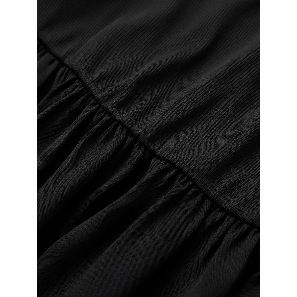 Plus Size Plain Square Neck Gathered Elastic Waist Dress Black Women Casual Non Square Neck Short sleeve Curvy Midi Dress BloomChic 22-24/3X Product Image