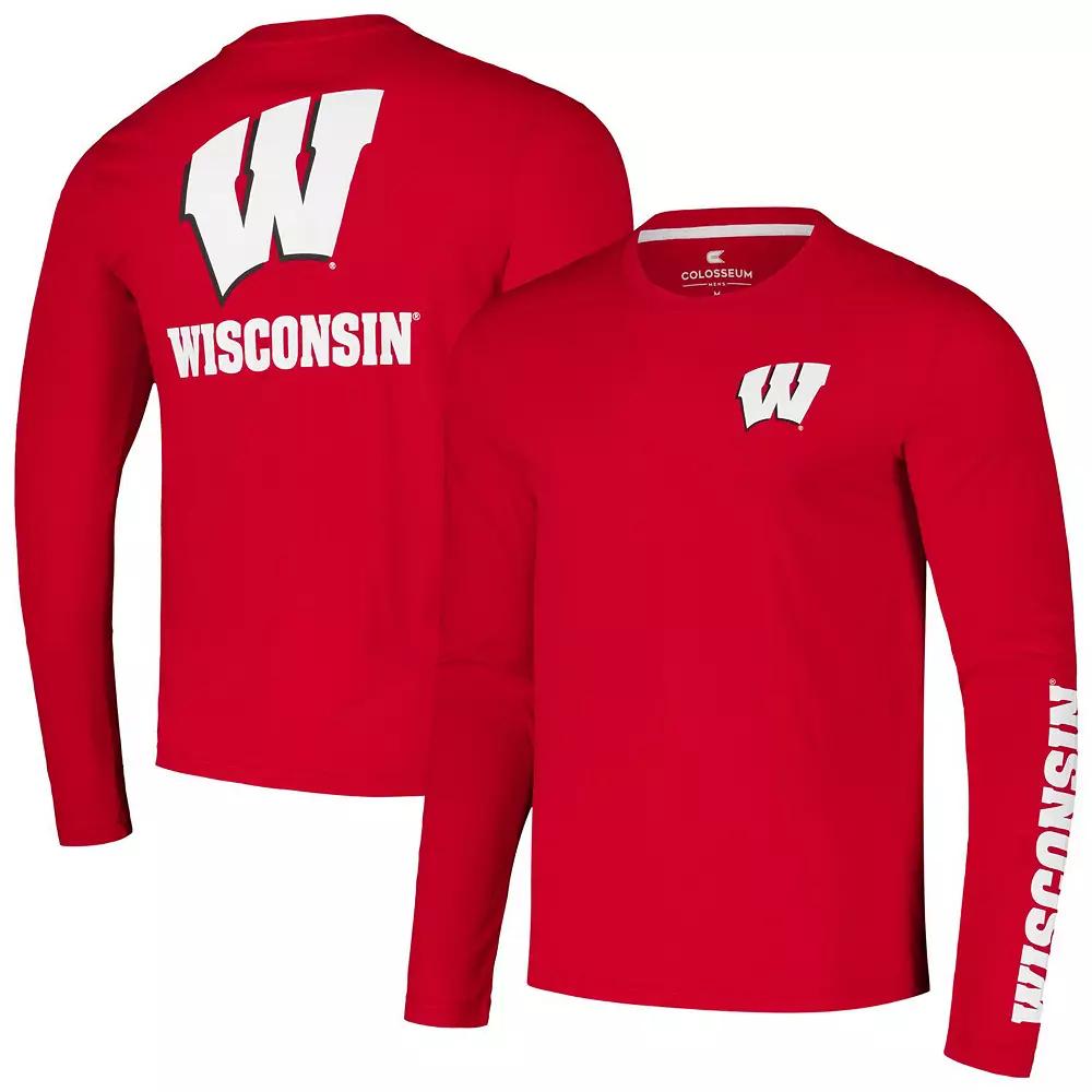 Men's Colosseum Red Wisconsin Badgers Logo Lockup 3-Hit Active Blend Long Sleeve T-Shirt,  Product Image