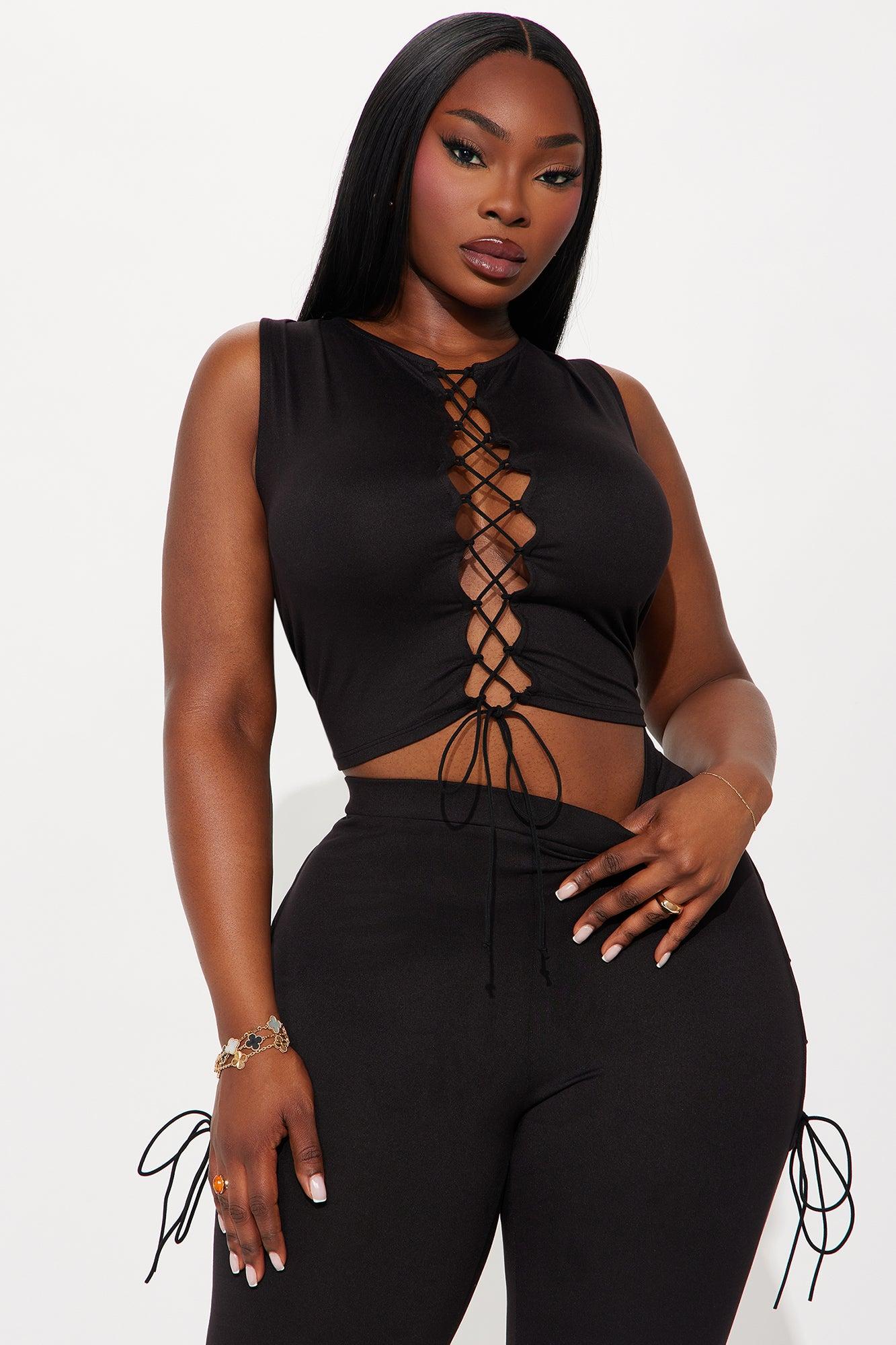 Emani Sleeveless Lace Up Flare Leg Pant Set - Black Female Product Image