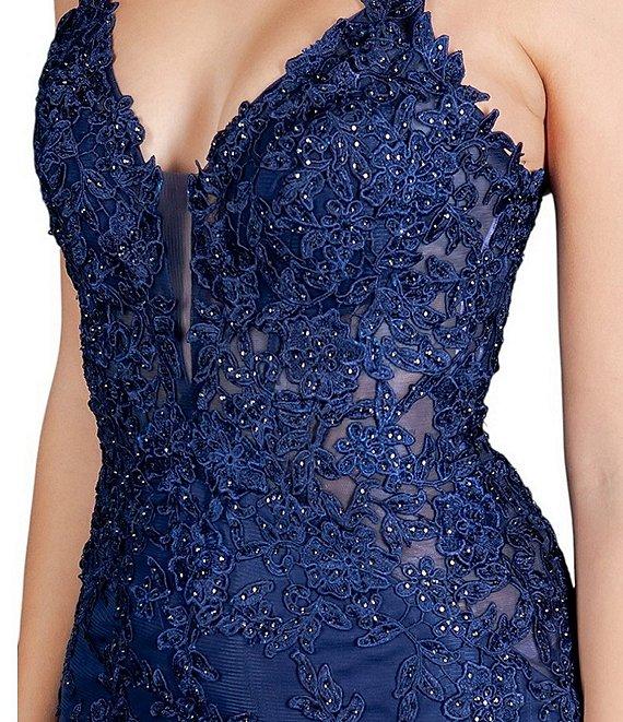 Cinderella Couture Embroidered Floral Rhinestoned Lace V-Neck Spaghetti Strap Corset Fitted Mermaid Gown Product Image