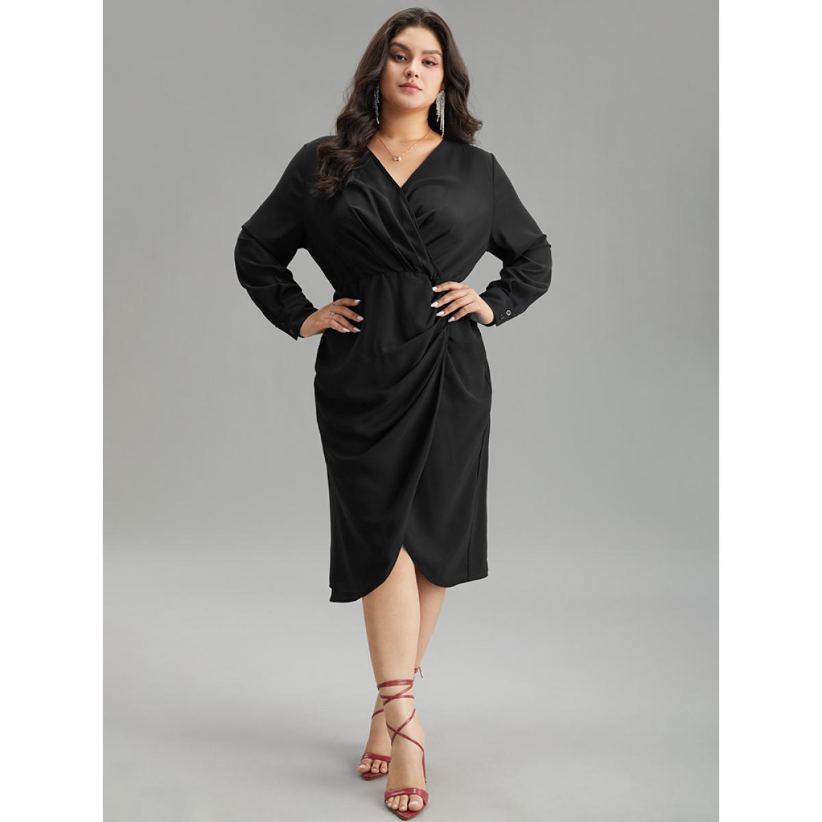 Plus Size Static-Free Solid Plicated Detail Wrap Dress Black Women Glamour Plain V-neck Long Sleeve Curvy Midi Dress BloomChic 10/M Product Image
