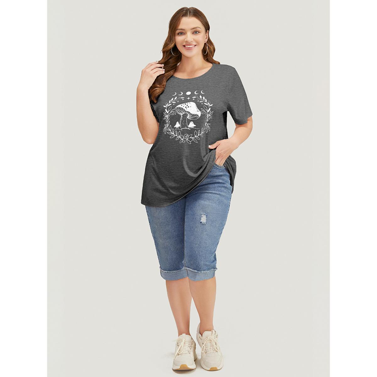 Plus Size Mushroom & Moon Print Short Sleeve Crew Neck T-shirt DimGray Women Casual Natural Flowers Dailywear T-shirts BloomChic 18-20/2X Product Image