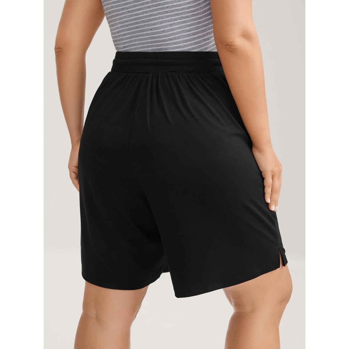 Plus Size Stretchy Slit Drawstring Straight-Leg Shorts Women Black Leisure Drawstring Straight Leg Casual Shorts BloomChic 30/6X Product Image