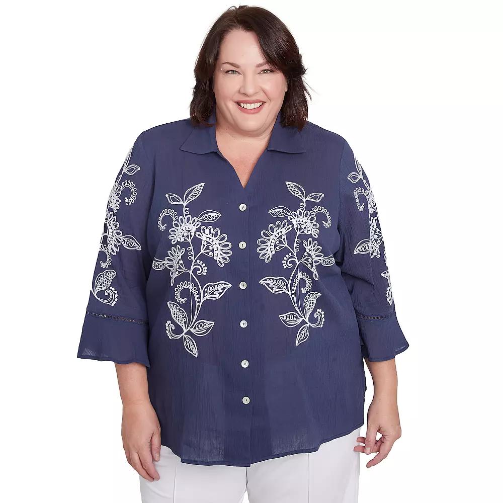 Plus Size Alfred Dunner Embroidered Marine Button Front Top, Women's, Size: 1XL, Marine Blue Product Image