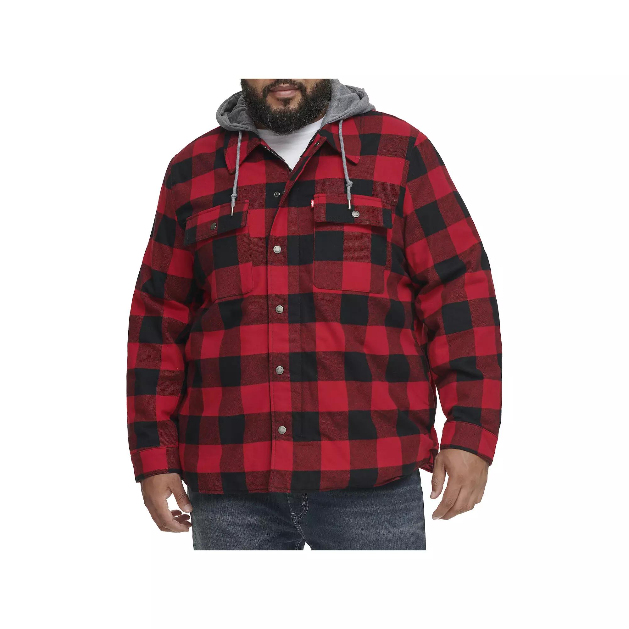 Big & Tall Levi's® Plaid High-Pile Fleece-Lined Hooded Shirt Jacket, Men's, Size: 3XL Tall, Red Black Plaid Product Image