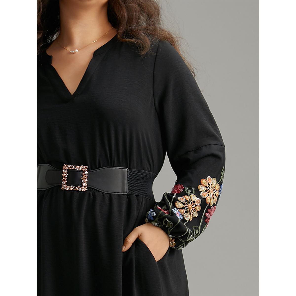 Plus Size Floral Embroidered Notched Midi Dress Black Women Elegant Elastic cuffs Notched collar Long Sleeve Curvy Midi Dress BloomChic 28/5X Product Image