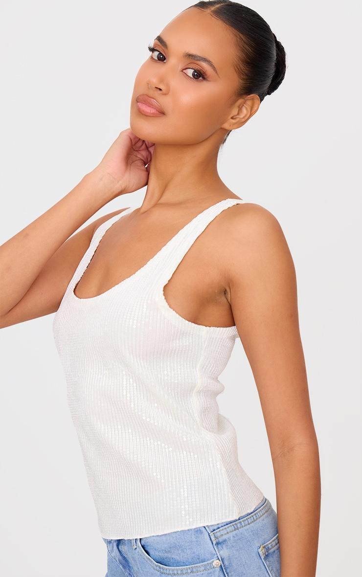 White Velvet Sequin Scoop Neck Vest Product Image