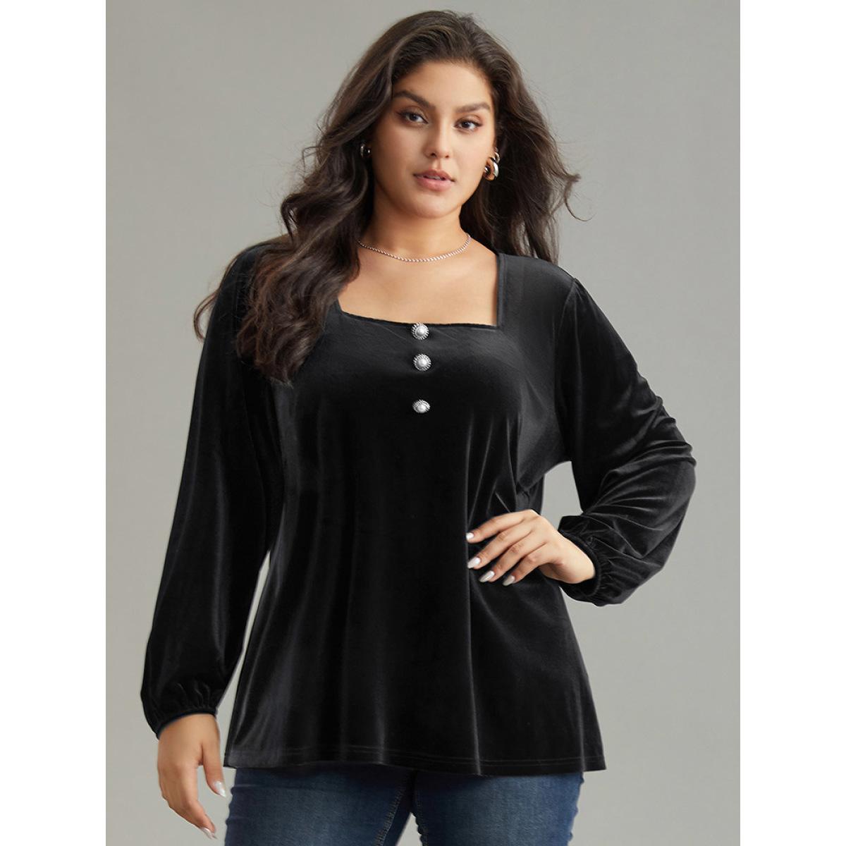 Plus Size Black Velvet Metal Button Detail Blouse Women Leisure Long Sleeve Square Neck Casual Blouses BloomChic 14-16/1X Product Image