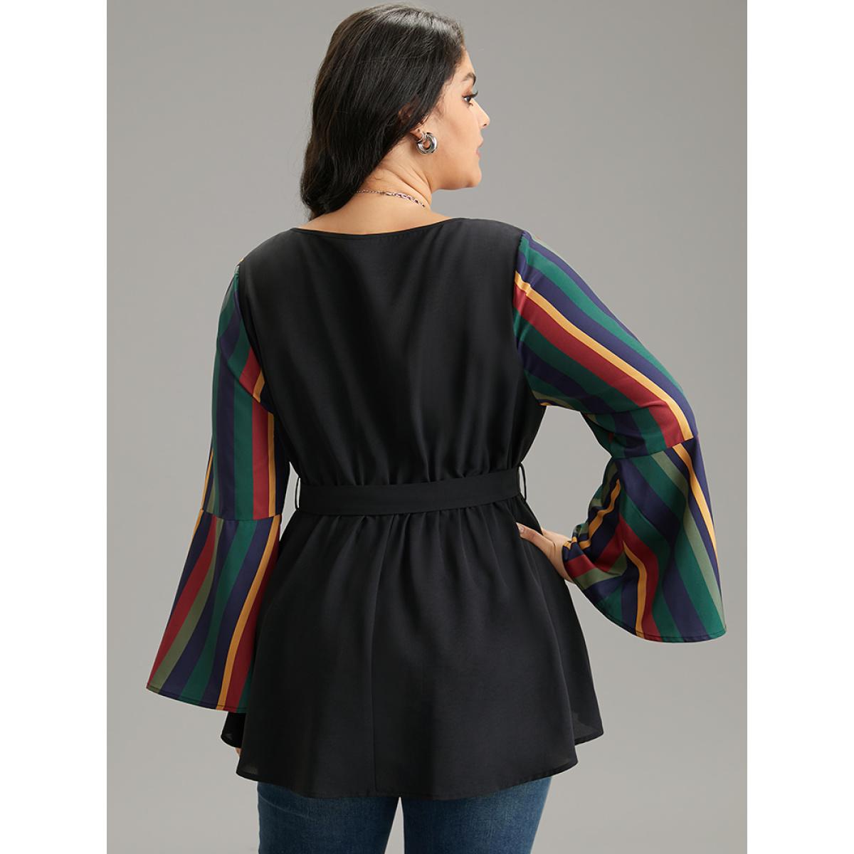 Plus Size Black Striped Patchwork Belted Bell Sleeve Blouse Women Vacation Long Sleeve Round Neck Vacation Blouses BloomChic 18-20/2X Product Image